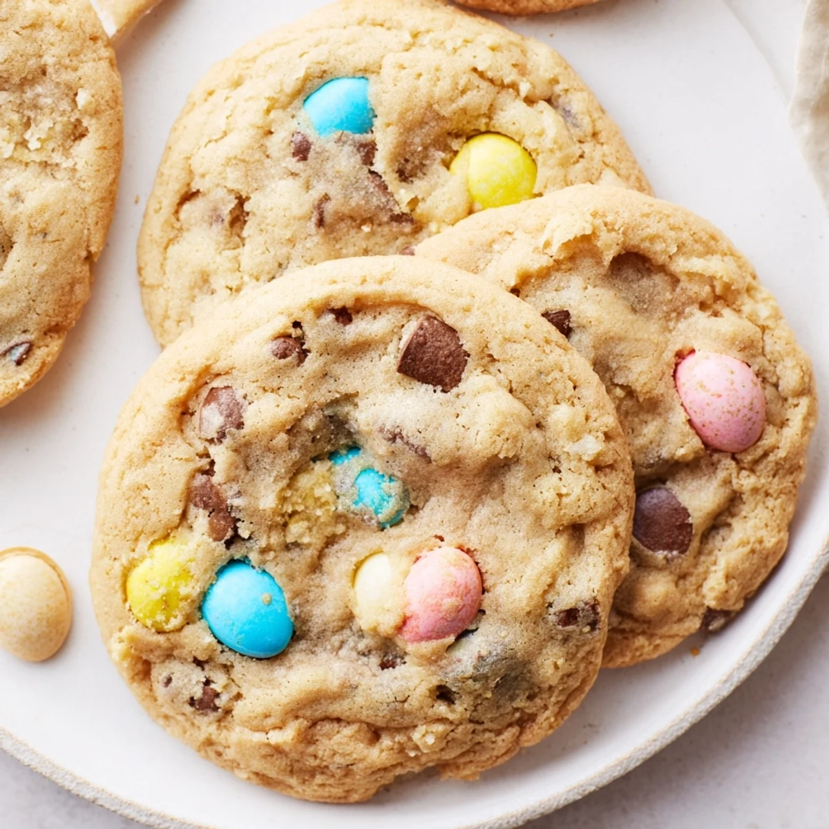 Soft chewy Cadbury Egg Cookies with colorful candy pieces piled on a rustic white plate