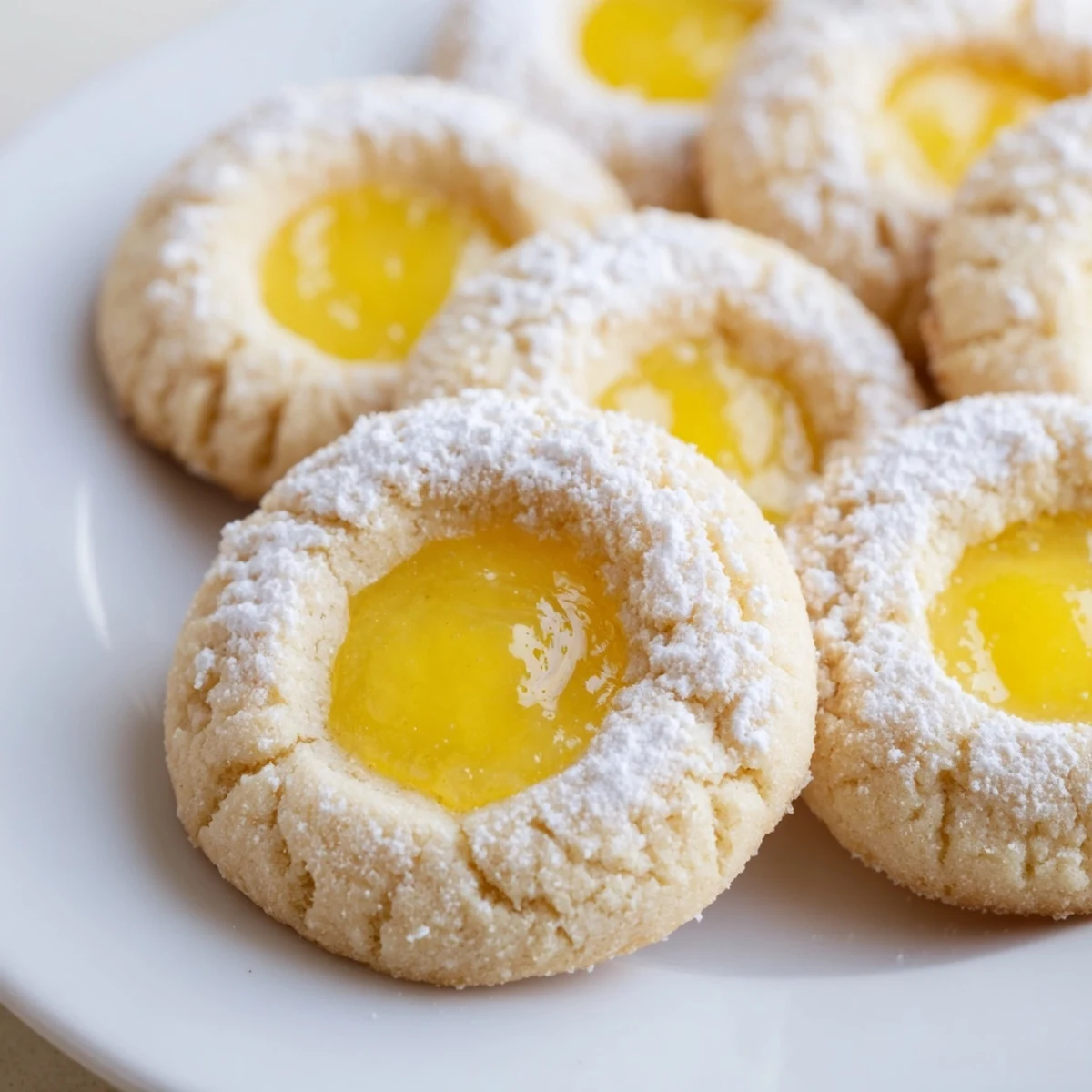 Buttery lemon curd cookies dusted with powdered sugar arranged on cooling rack