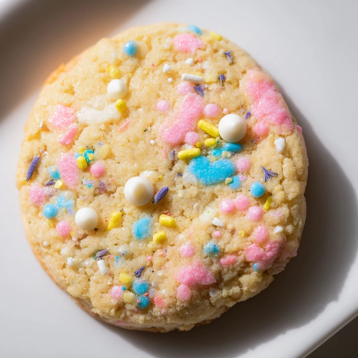 Soft Spring Blossom Cookies topped with pastel sprinkles on a rustic white ceramic plate