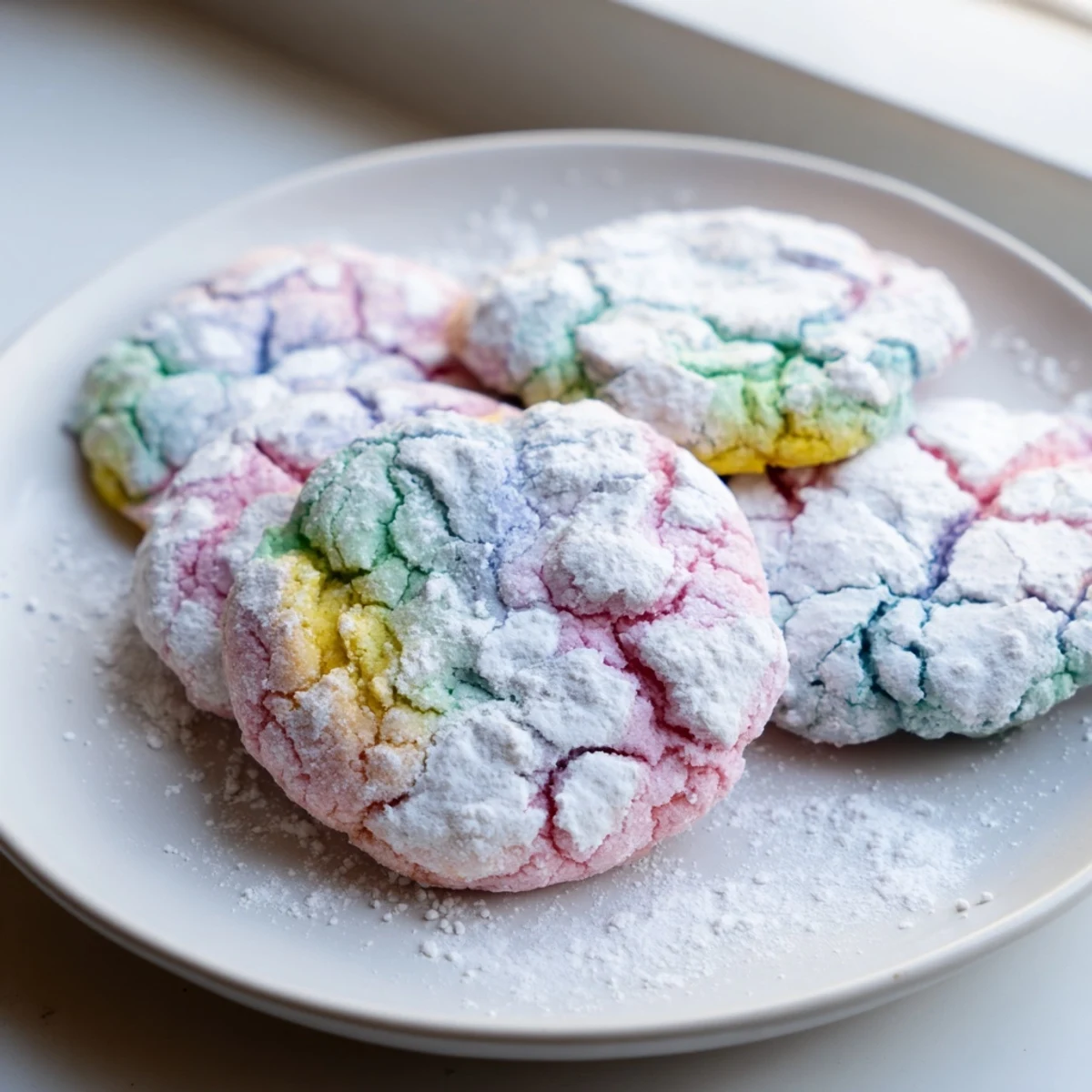 Soft pastel crinkle cookies with powdered sugar coating on rustic white baking sheet