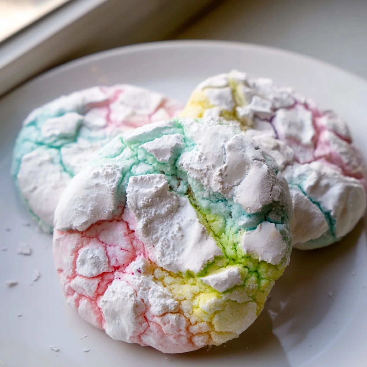 Chewy pastel crinkle cookies displaying beautiful crackled tops dusted with snowy powdered sugar