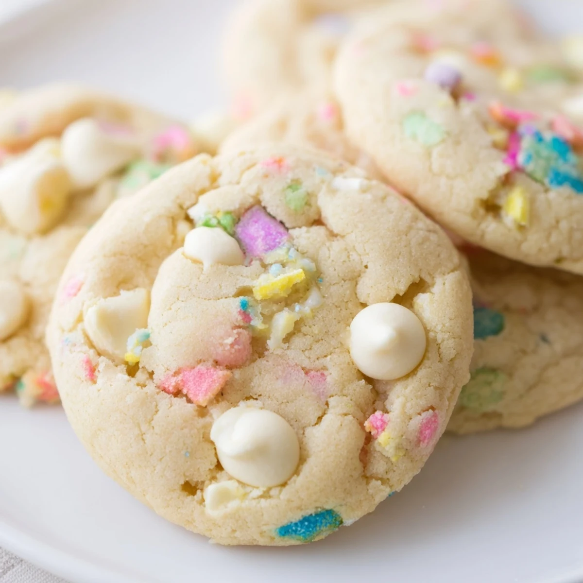 Soft pastel white chocolate cookies with colorful sprinkles on a rustic wooden serving board