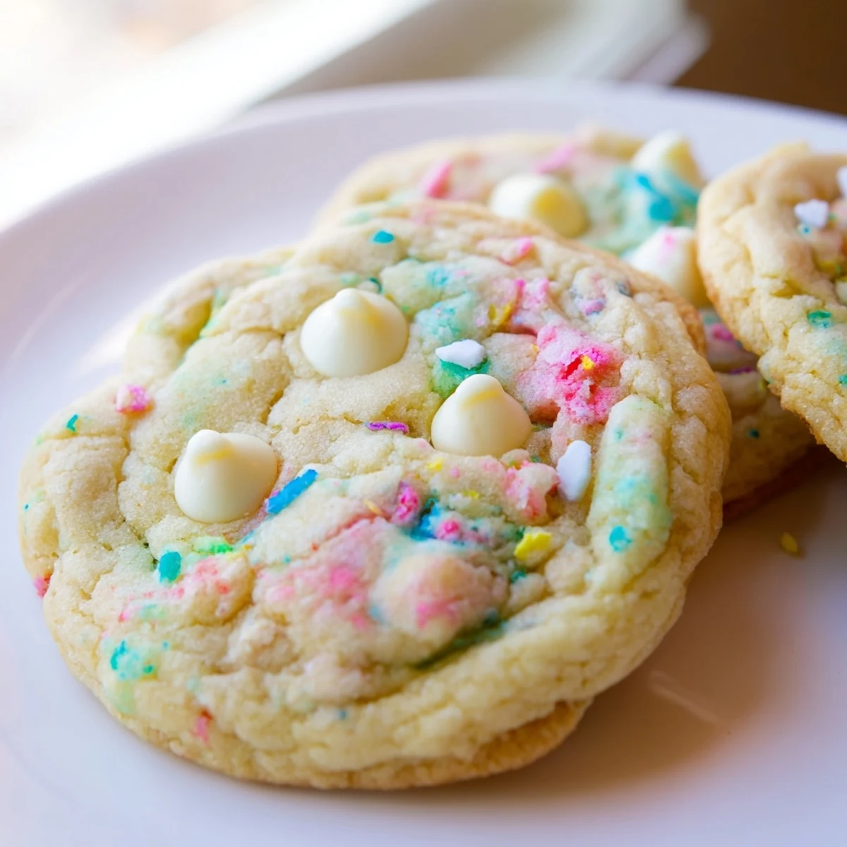 Golden pastel white chocolate cookies fresh from the oven with melted white chocolate chips