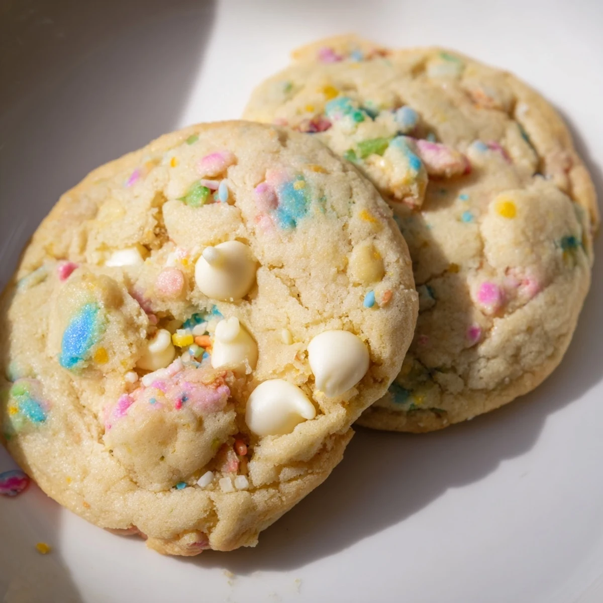 Chewy pastel white chocolate cookies studded with creamy chips and festive rainbow sprinkles