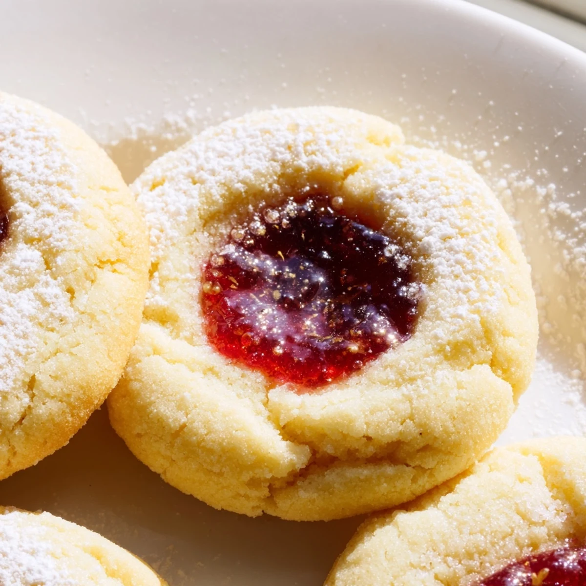 Golden Flower Jam Thumbprint Cookies with jewel-like floral centers on a rustic white serving plate
