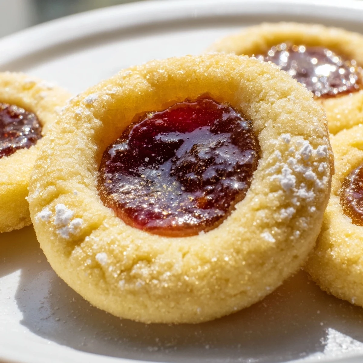Buttery Flower Jam Thumbprint Cookies arranged on parchment with glistening rose-colored jam filling each indentation