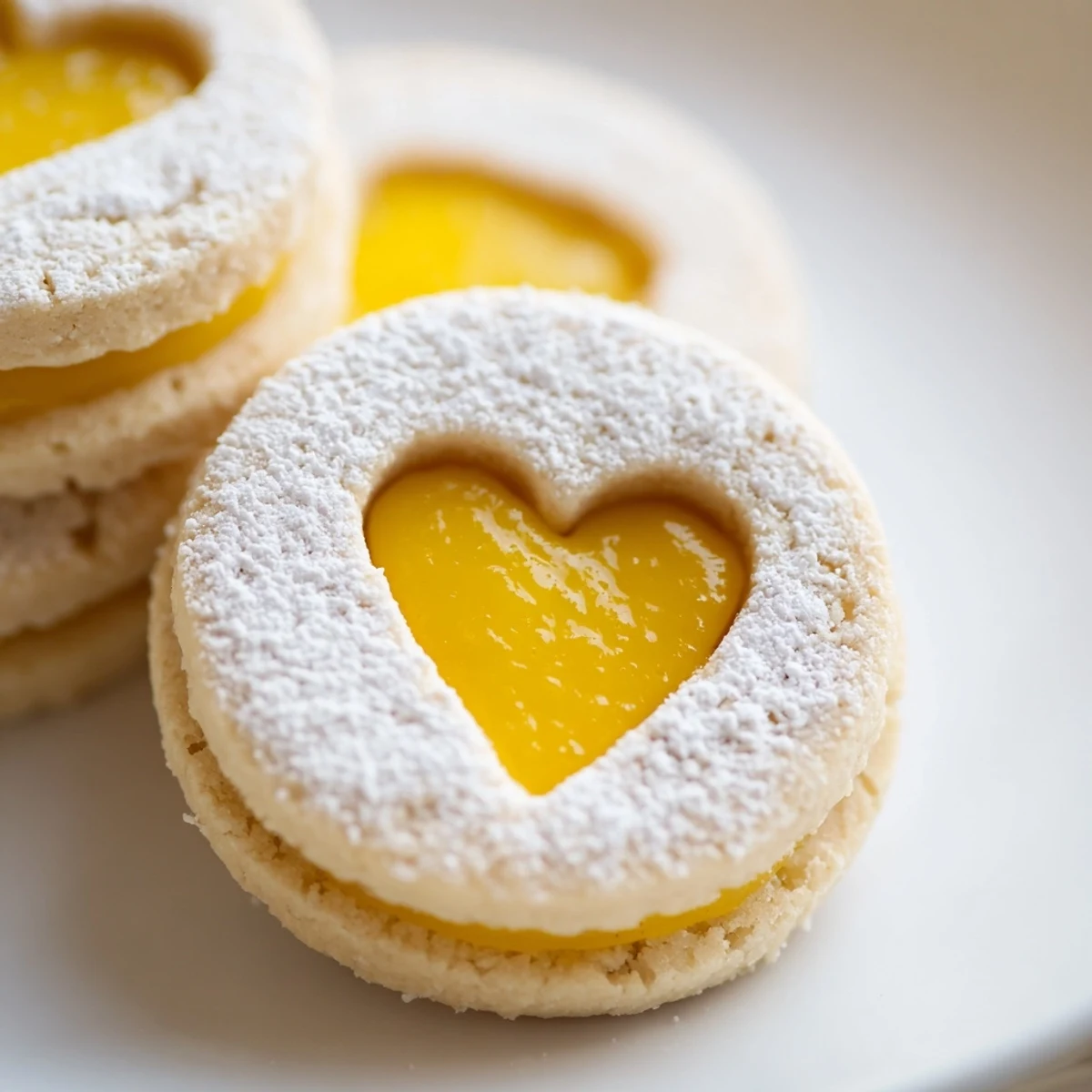 Meyer Lemon Curd Linzer Cookies with decorative cutout tops dusted in snowy powdered sugar