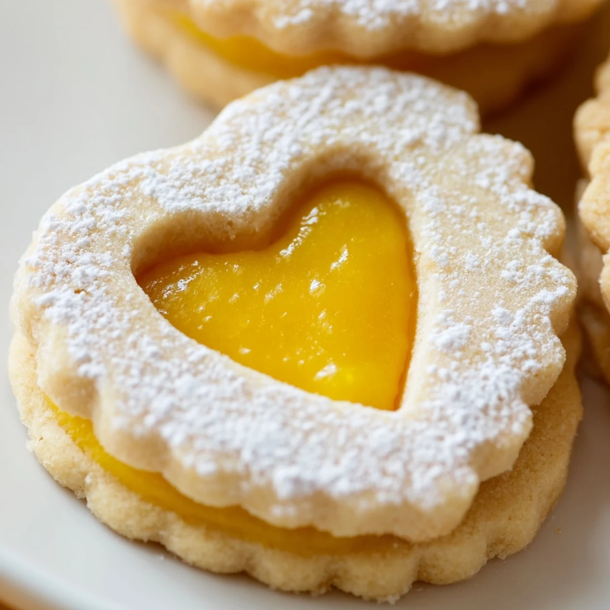 Delicate almond Linzer cookies filled with vibrant yellow Meyer lemon curd peeking through cutout centers