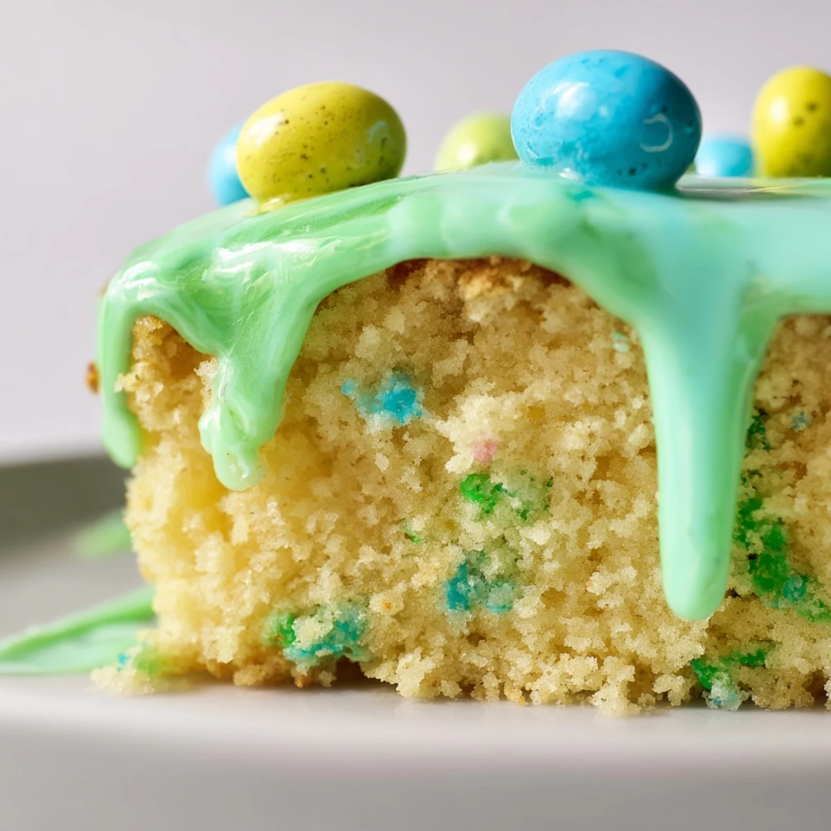 Robin egg snack cake with pastel glaze and colorful candy-coated chocolate eggs on top