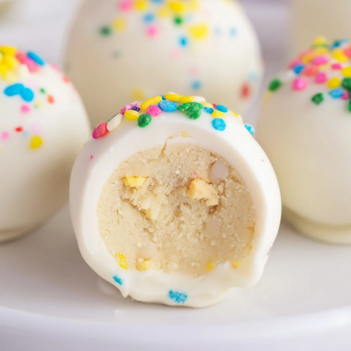 Creamy Banana Pudding Easter Truffles coated in white chocolate with colorful festive sprinkles