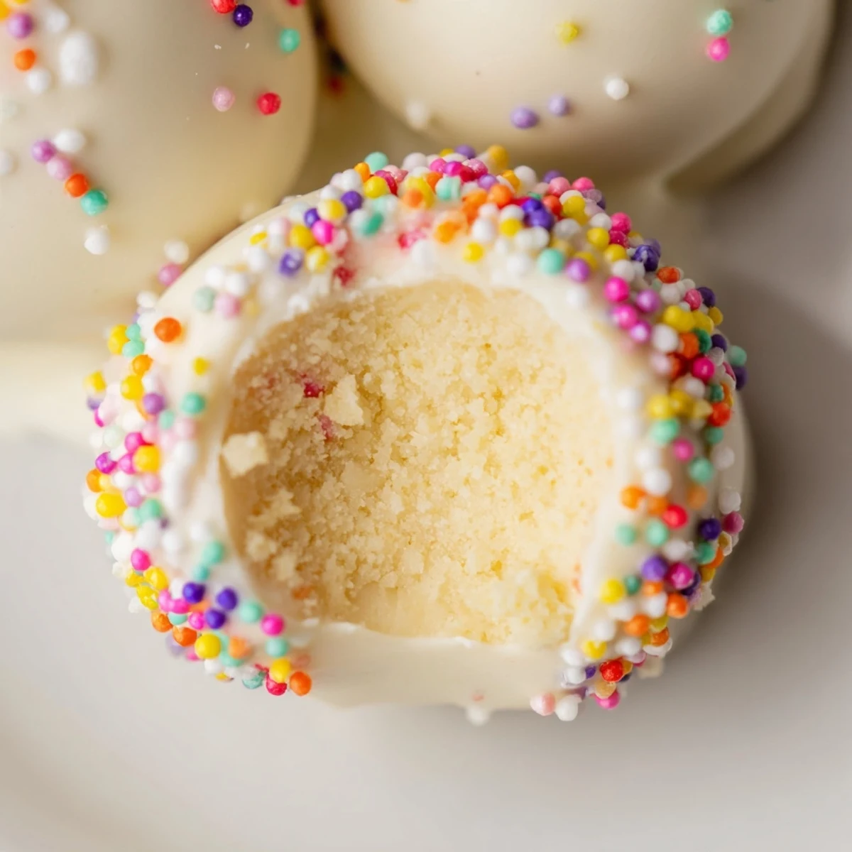 Golden white chocolate dipped Banana Pudding Easter Truffles topped with vibrant spring sprinkles