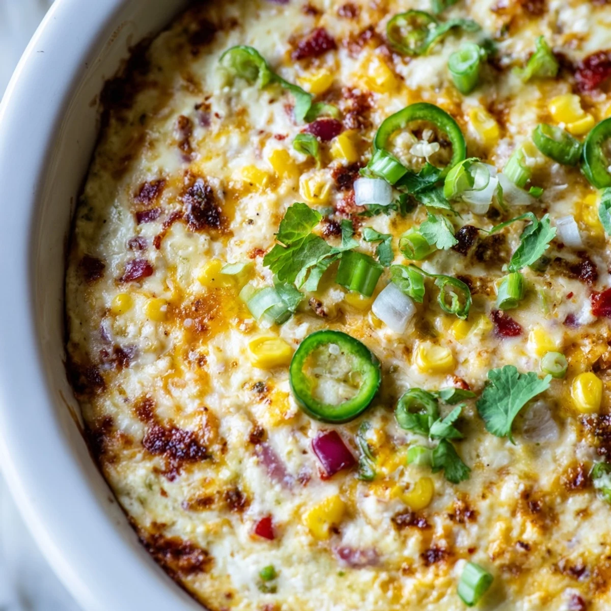 Golden bubbly Spicy Roasted Jalapeno Cowboy Cream Cheese Dip in a rustic baking dish ready for serving