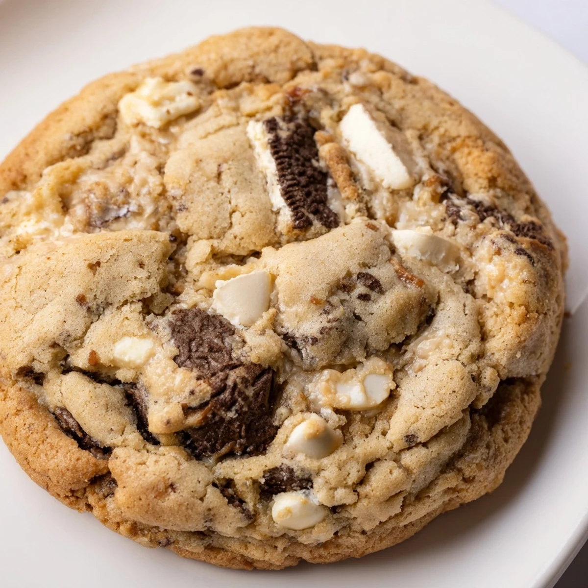 Soft chewy cookies and cream cookie with white chocolate chips on rustic wooden board