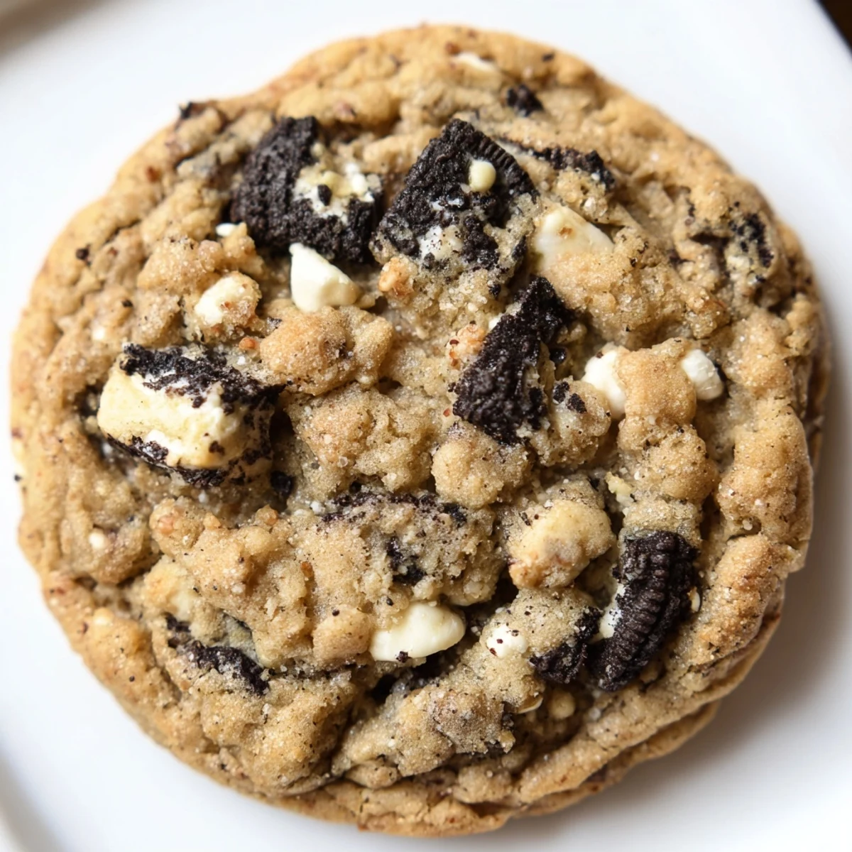Warm cookies and cream cookie fresh from oven with golden edges and melty chips