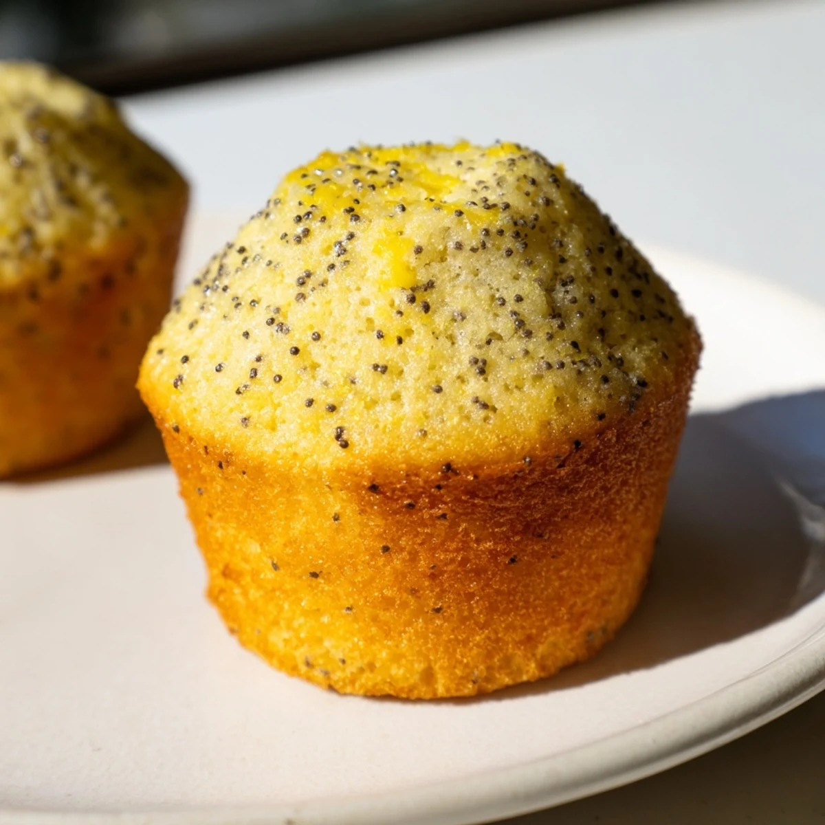 Moist lemon poppy seed muffins speckled with zest, nestled in white paper liners on countertop