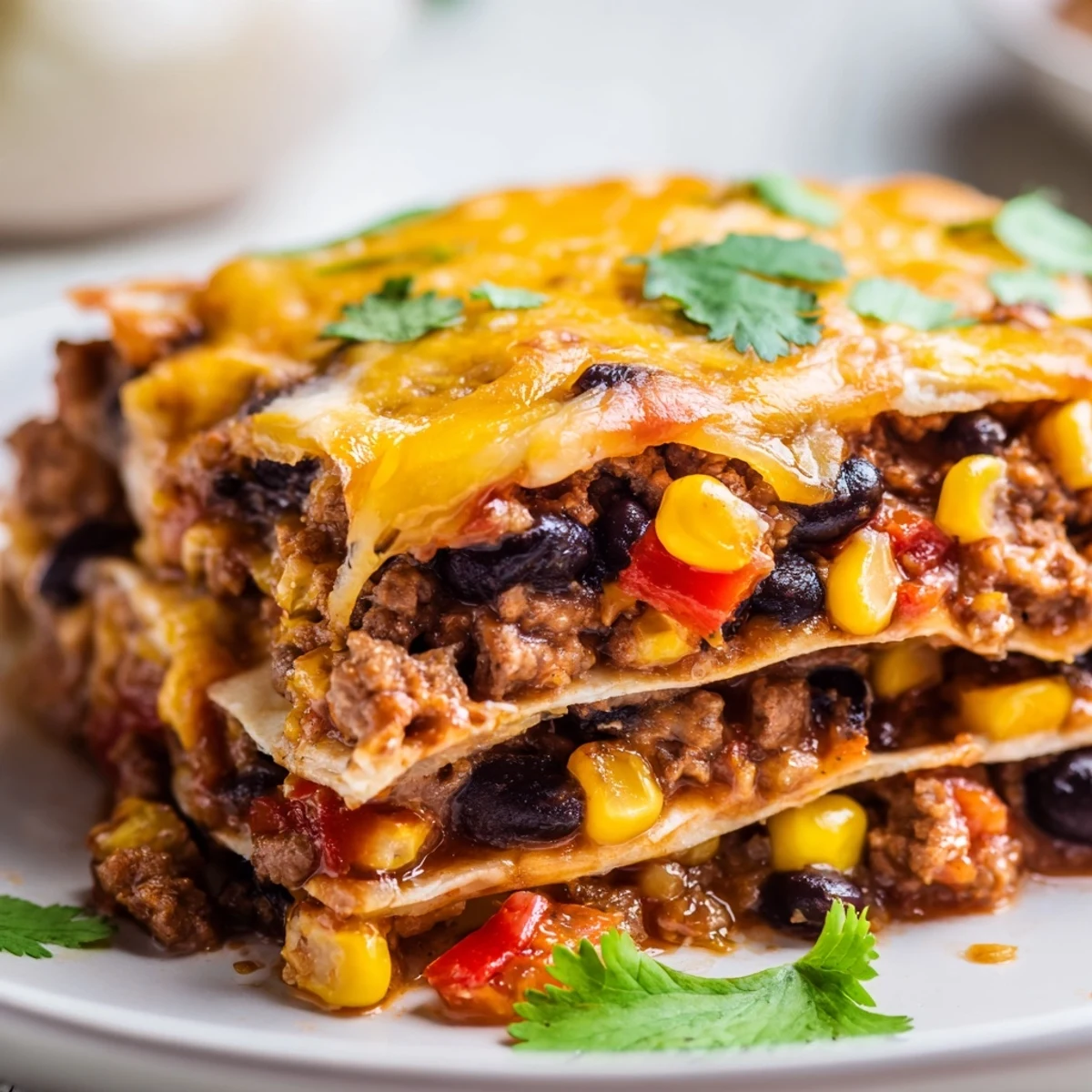 Golden melted cheese tops this Mexican lasagna with bubbling layers of seasoned beef and beans