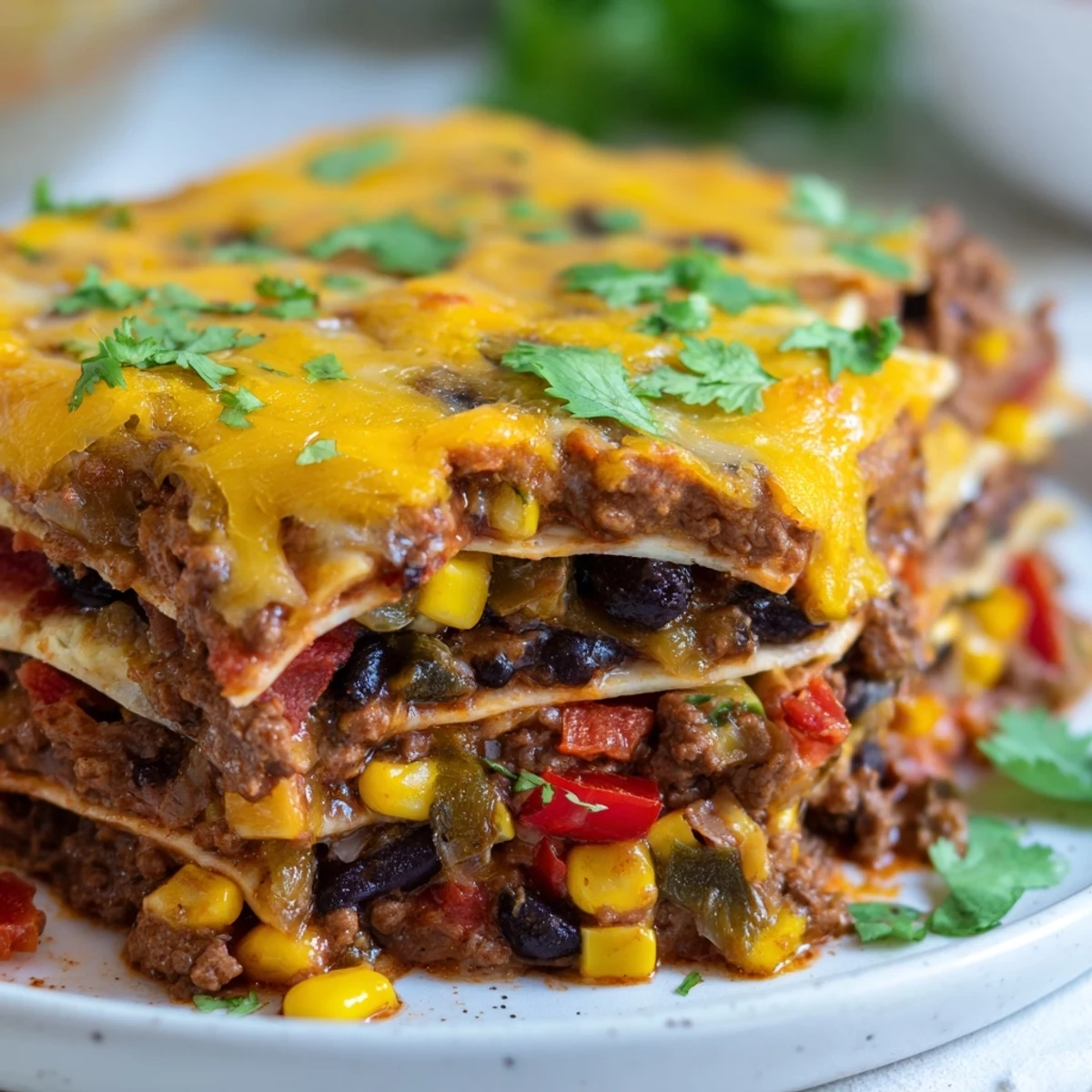 Warm Mexican lasagna sliced to reveal layers of tortillas spiced meat and melted cheese