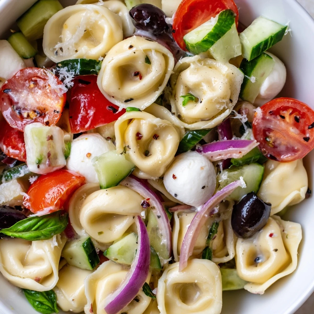 Creamy cheese tortellini salad loaded with crisp vegetables and fresh basil in a light vinaigrette