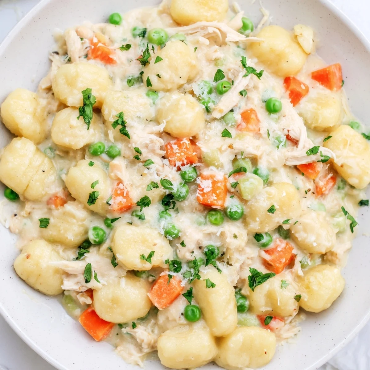 One Pot Gnocchi Chicken Pot Pie with tender chicken and vegetables in creamy golden sauce