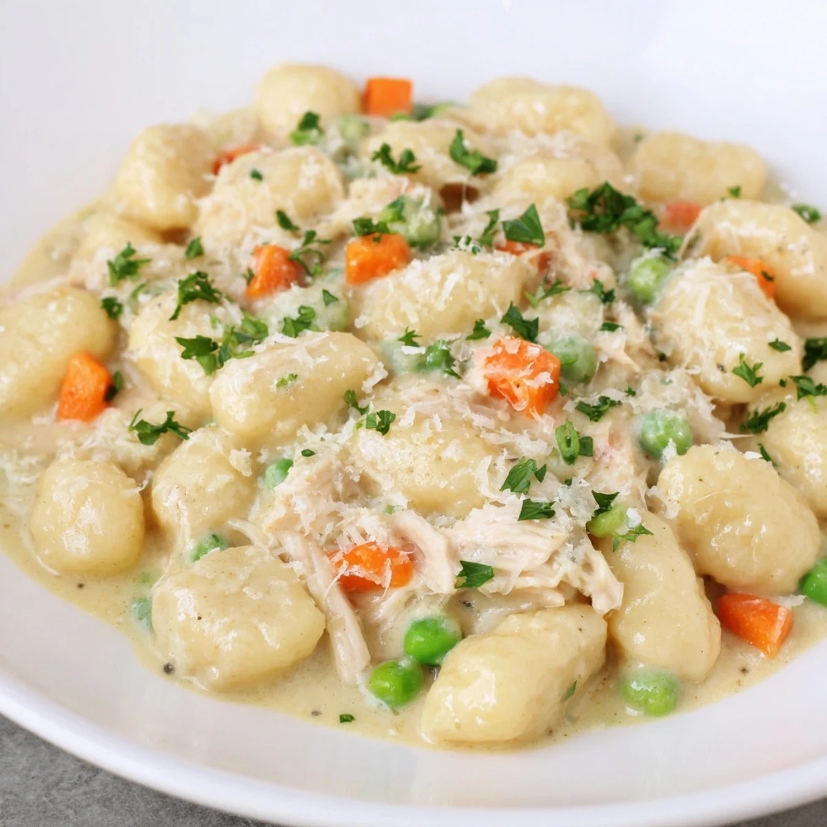 Creamy One Pot Gnocchi Chicken Pot Pie topped with fresh parsley garnish