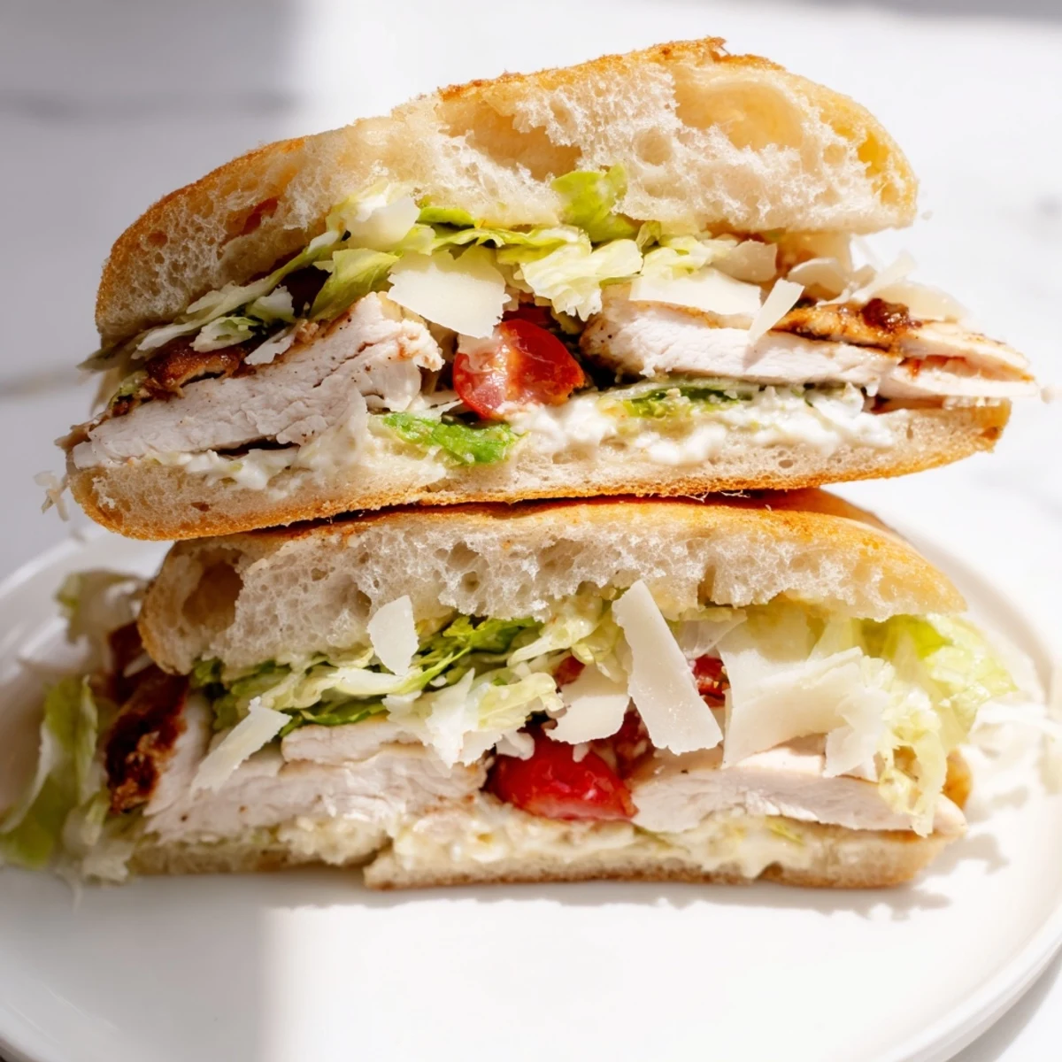 Juicy grilled Chicken Caesar Sandwich piled high with crisp romaine and creamy dressing on golden toasted ciabatta