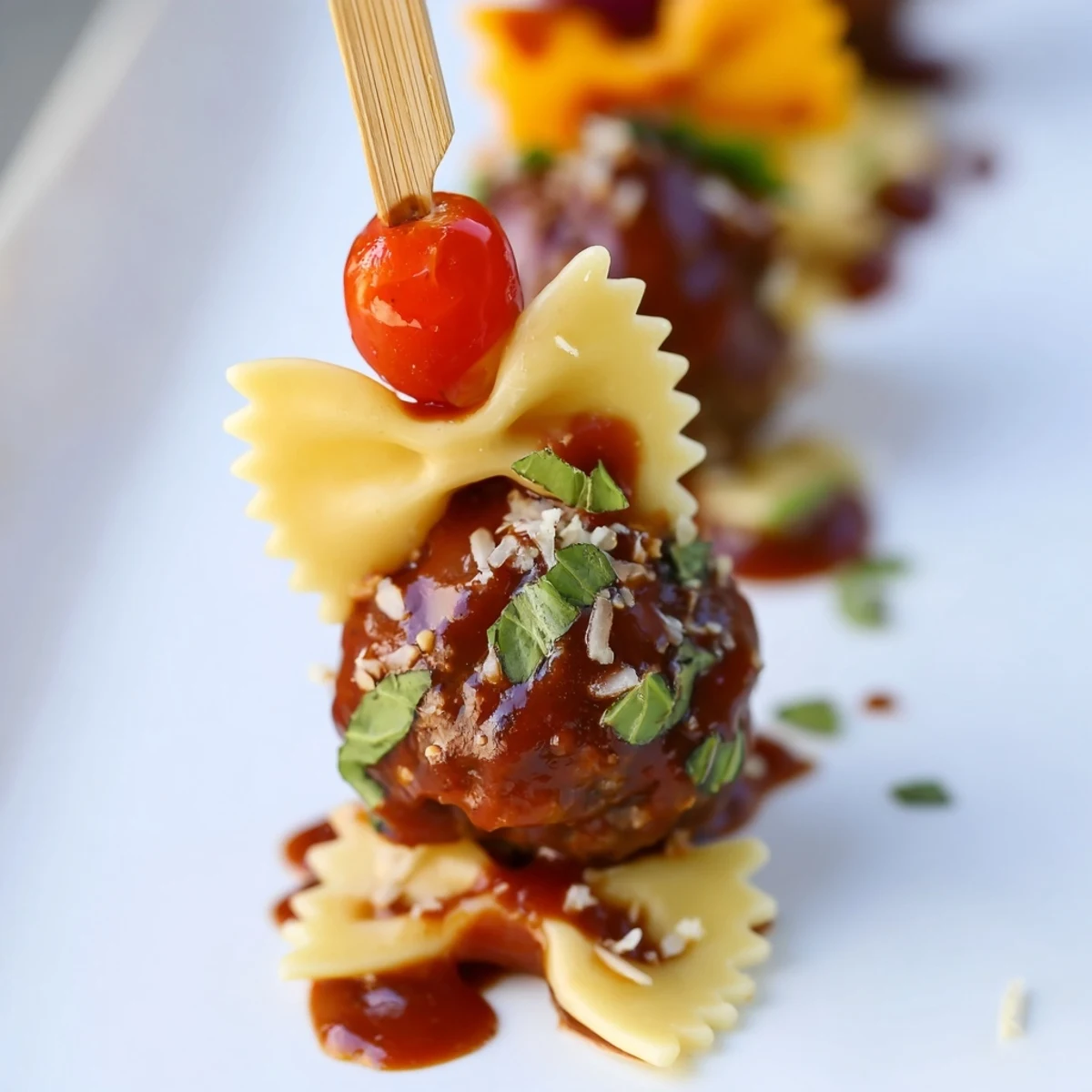 Colorful bowtie pasta and cocktail meatball skewers arranged on a rustic wooden serving platter
