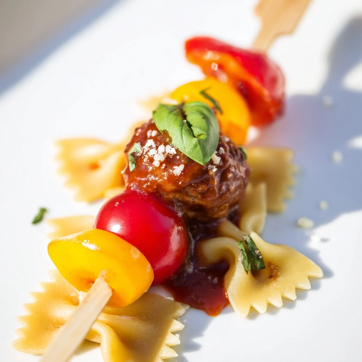 Juicy meatballs and bowtie pasta threaded on skewers with red and yellow peppers