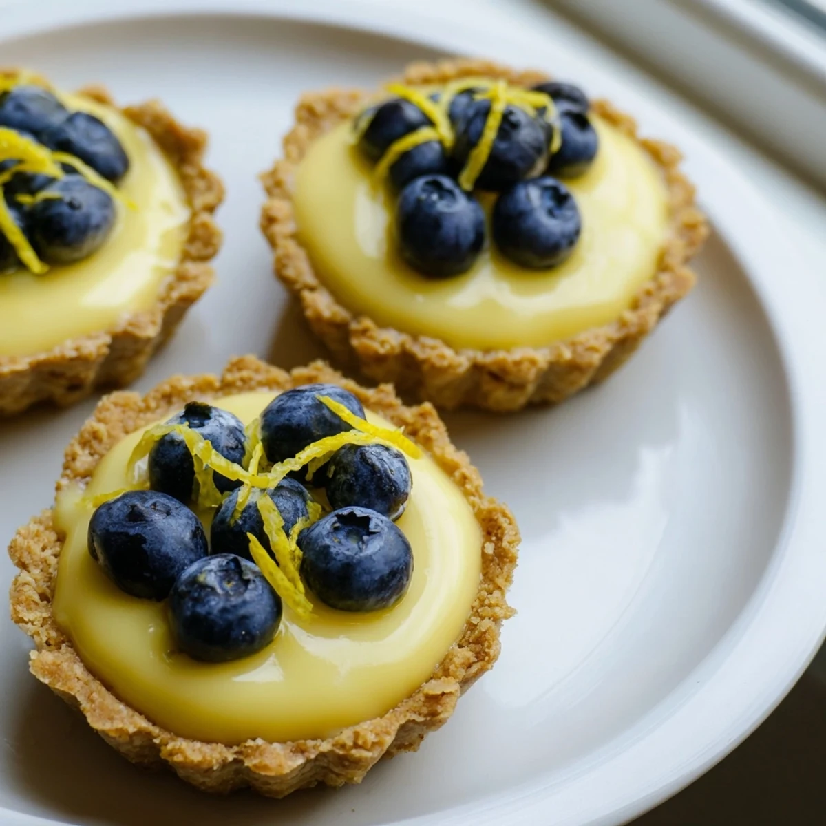 Golden mini vegan lemon tarts topped with fresh berries on a rustic white serving plate