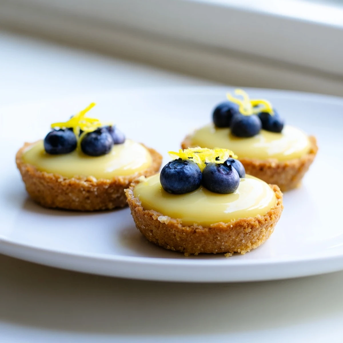 Creamy vegan lemon tarts in crisp almond crusts garnished with delicate lemon zest curls