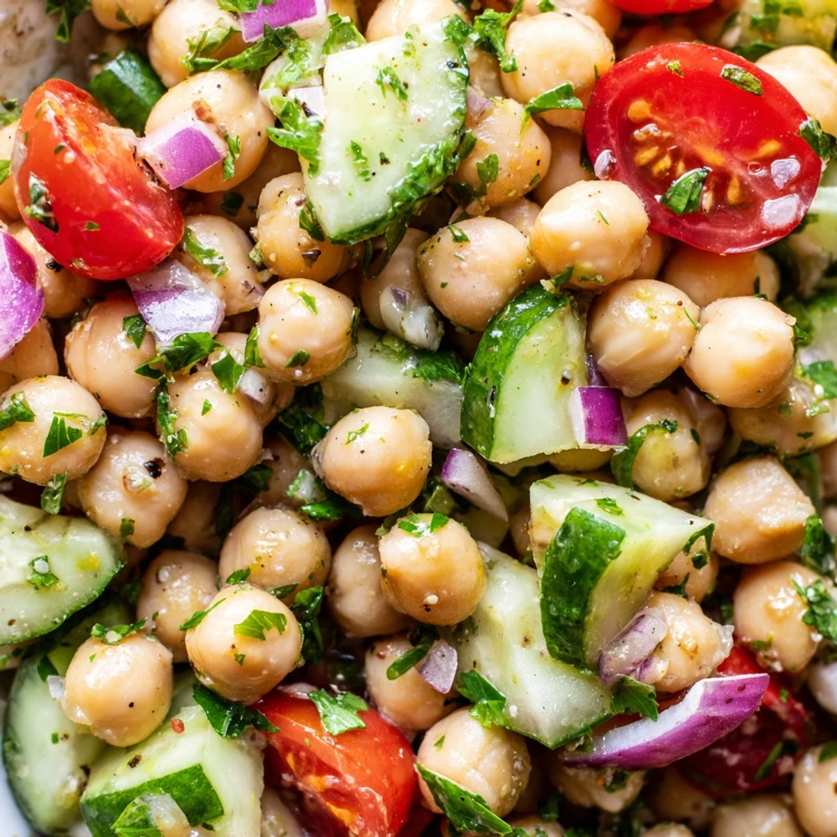 Chickpea cucumber salad in a white bowl with fresh herbs and lemon dressing