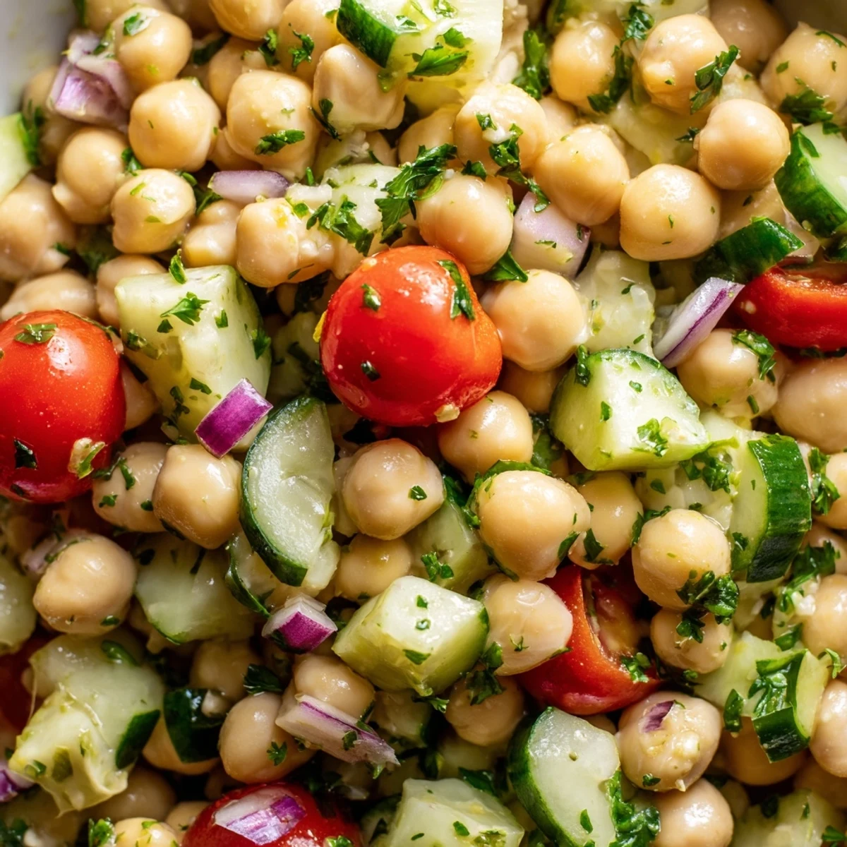Crispy chickpea cucumber salad topped with cherry tomatoes and vibrant green parsley