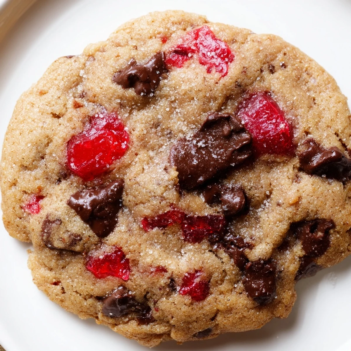 Soft maraschino cherry chocolate chip cookies with bright red fruit pieces and melting chocolate morsels