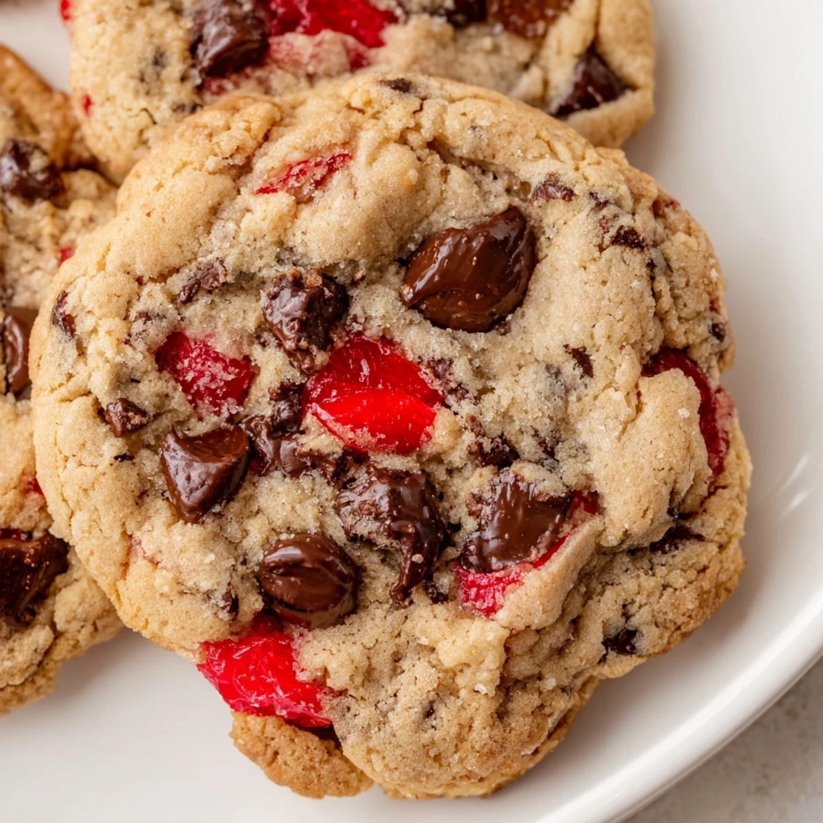 Chewy maraschino cherry chocolate chip cookie fresh from the oven with golden crisp edges