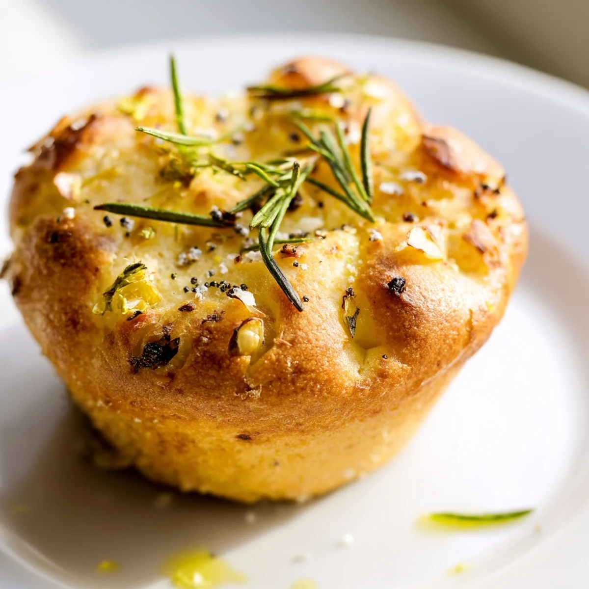 Warm garlic rosemary focaccia muffins with crispy edges fresh from the oven ready to serve