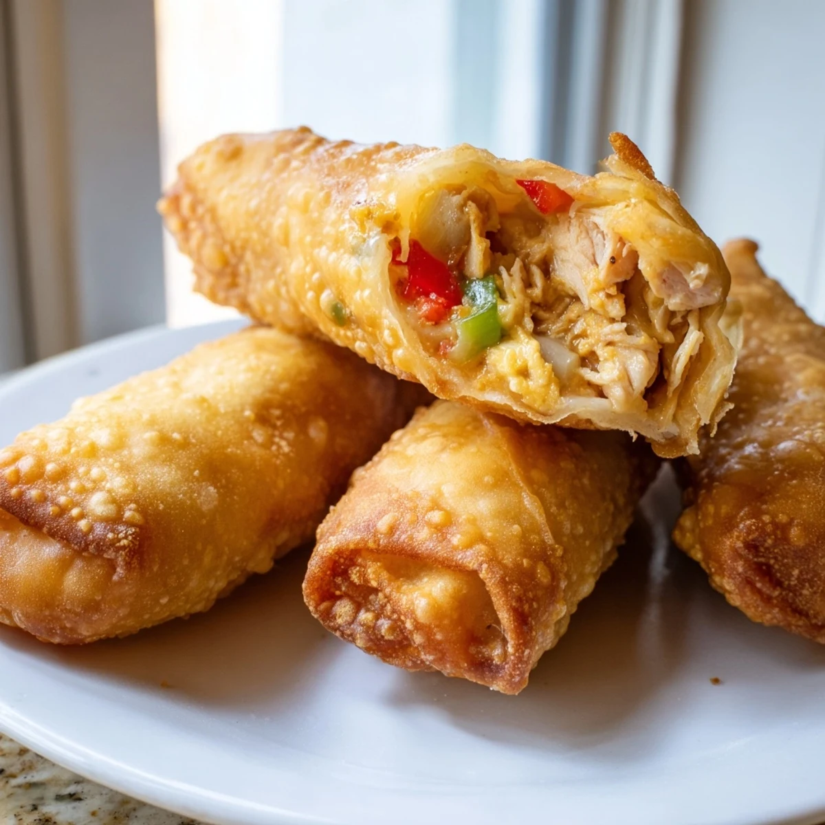 Golden crispy Voodoo Egg Rolls on a rustic plate with spicy remoulade dipping sauce nearby