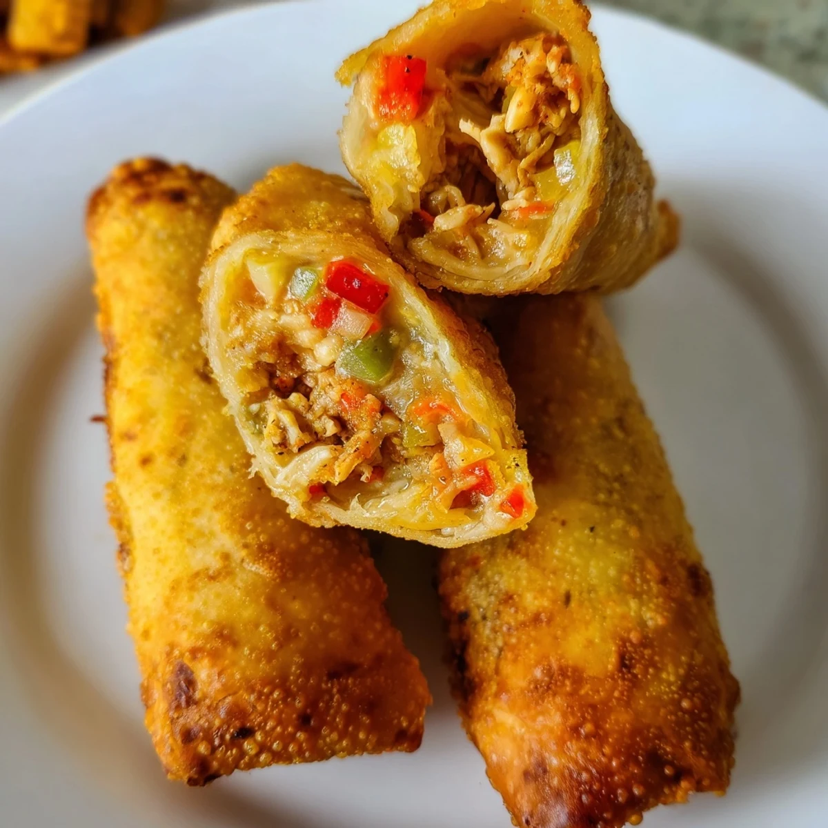 Close-up of crunchy Voodoo Egg Rolls cut open to reveal smoky andouille and melted cheddar filling