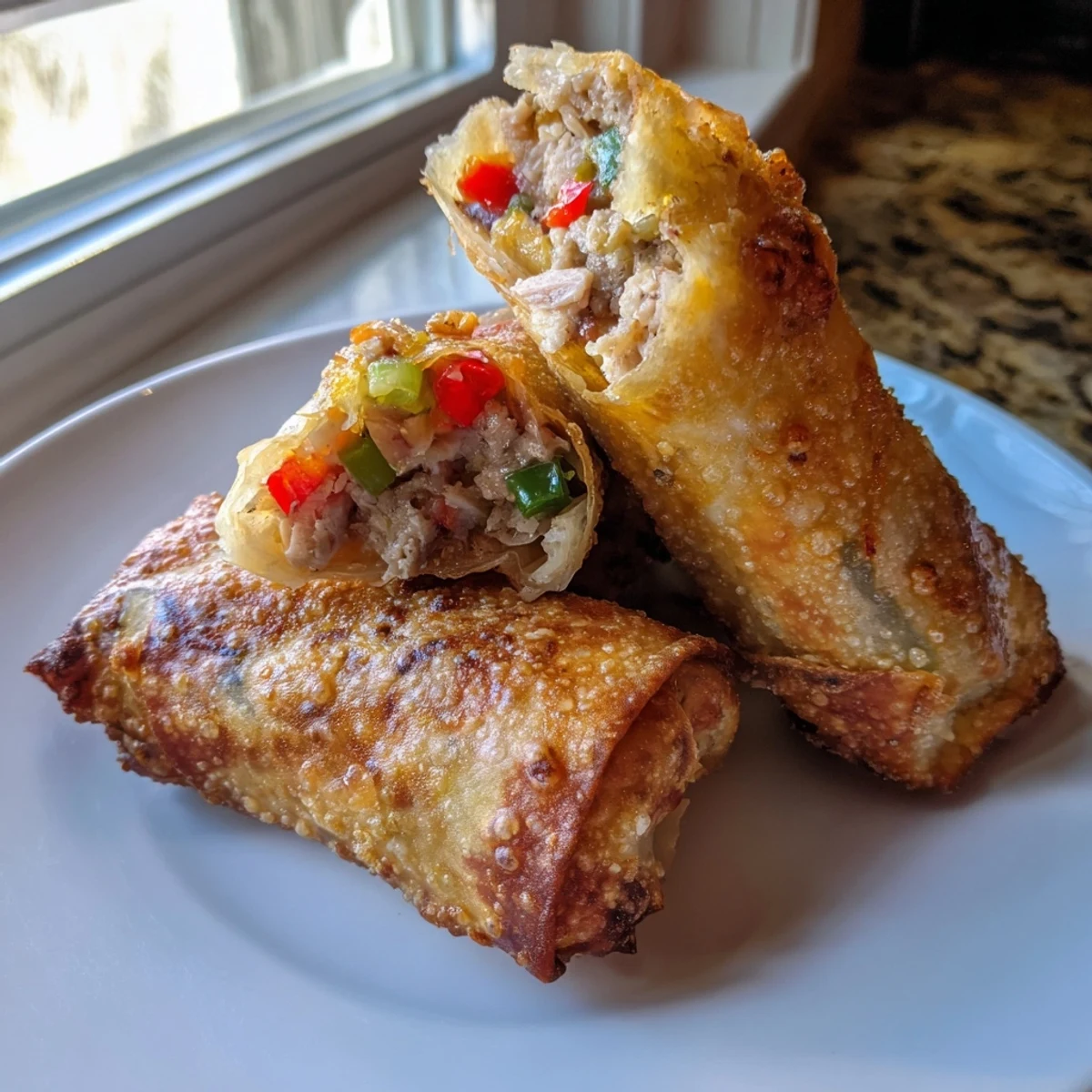 Steaming homemade Voodoo Egg Rolls arranged on parchment paper alongside a bowl of Creole mustard