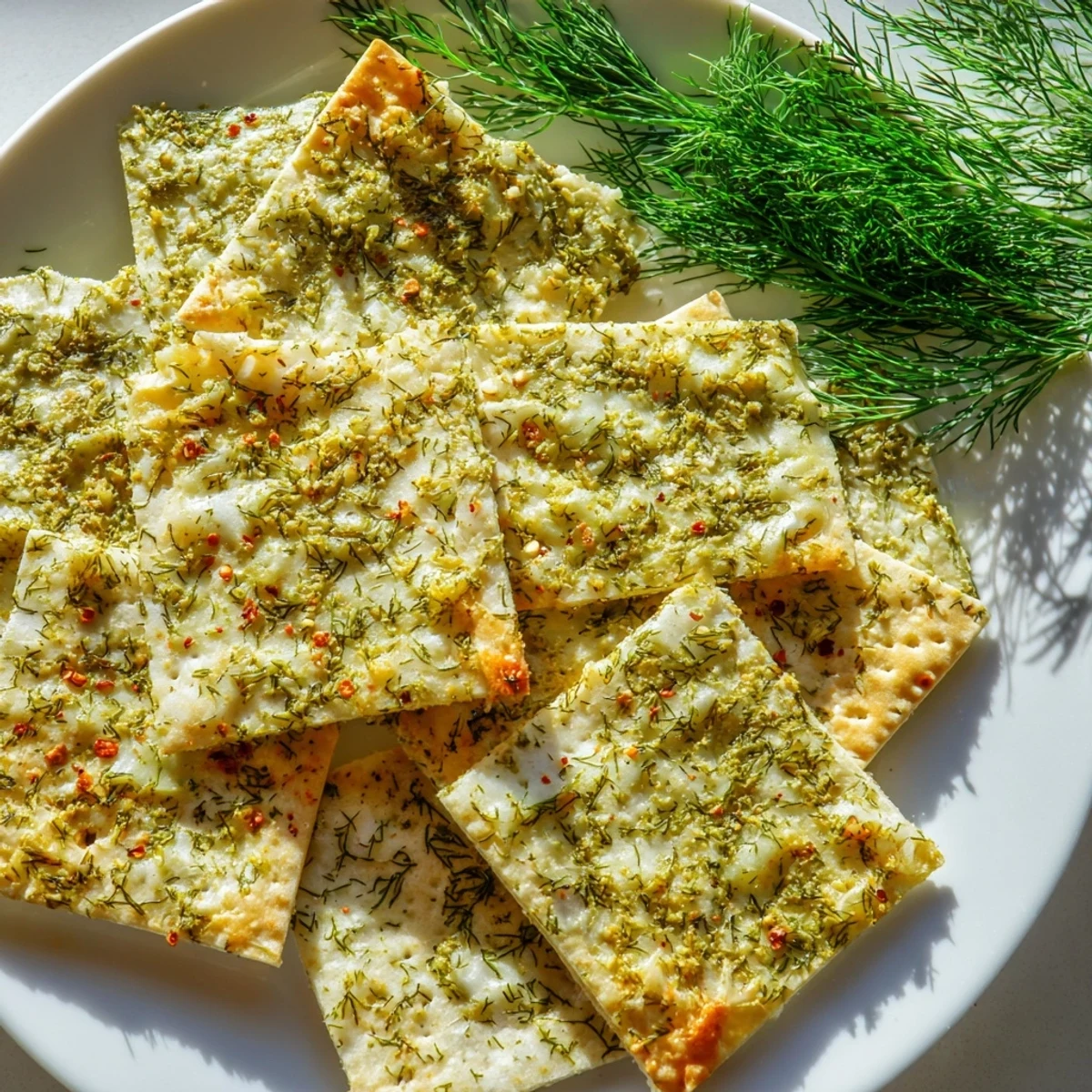 Crispy golden Dill Pickle Saltines coated in herby butter on a parchment-lined baking sheet