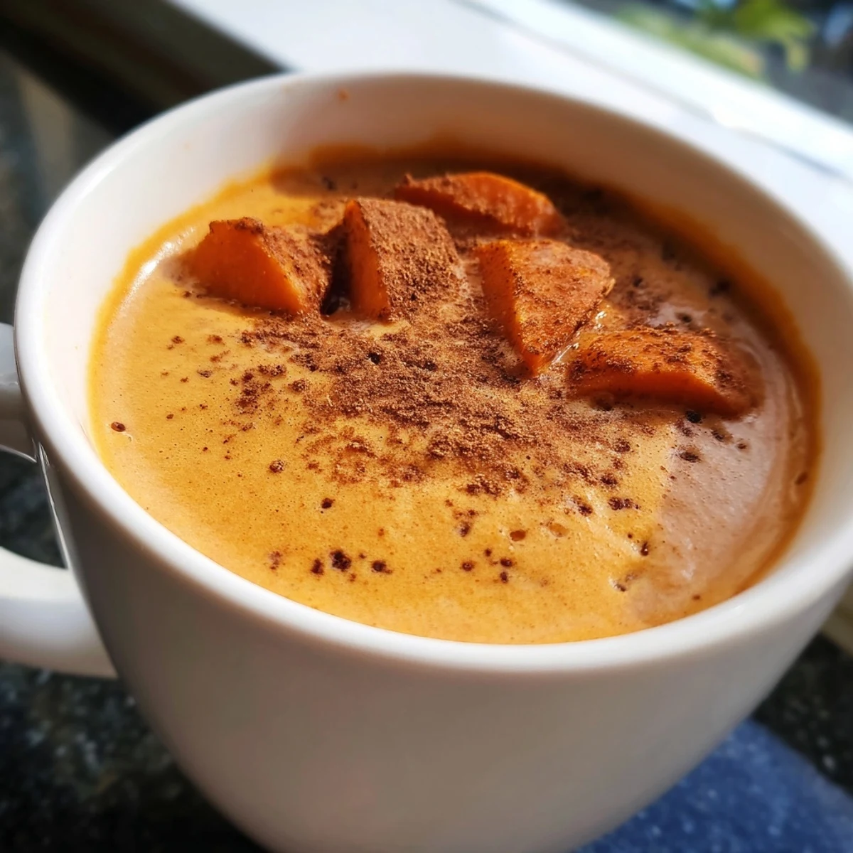 Creamy Goguma Latte in a cozy mug topped with a dusting of warm cinnamon