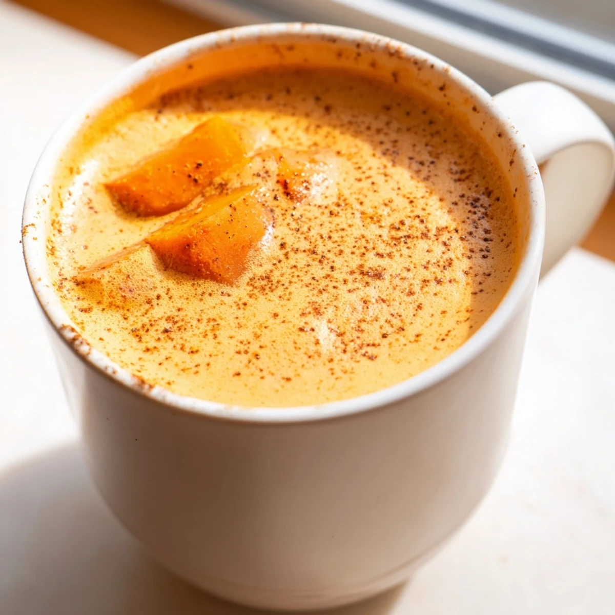 Velvety Goguma Latte served steaming hot with a swirl of sweet potato puree