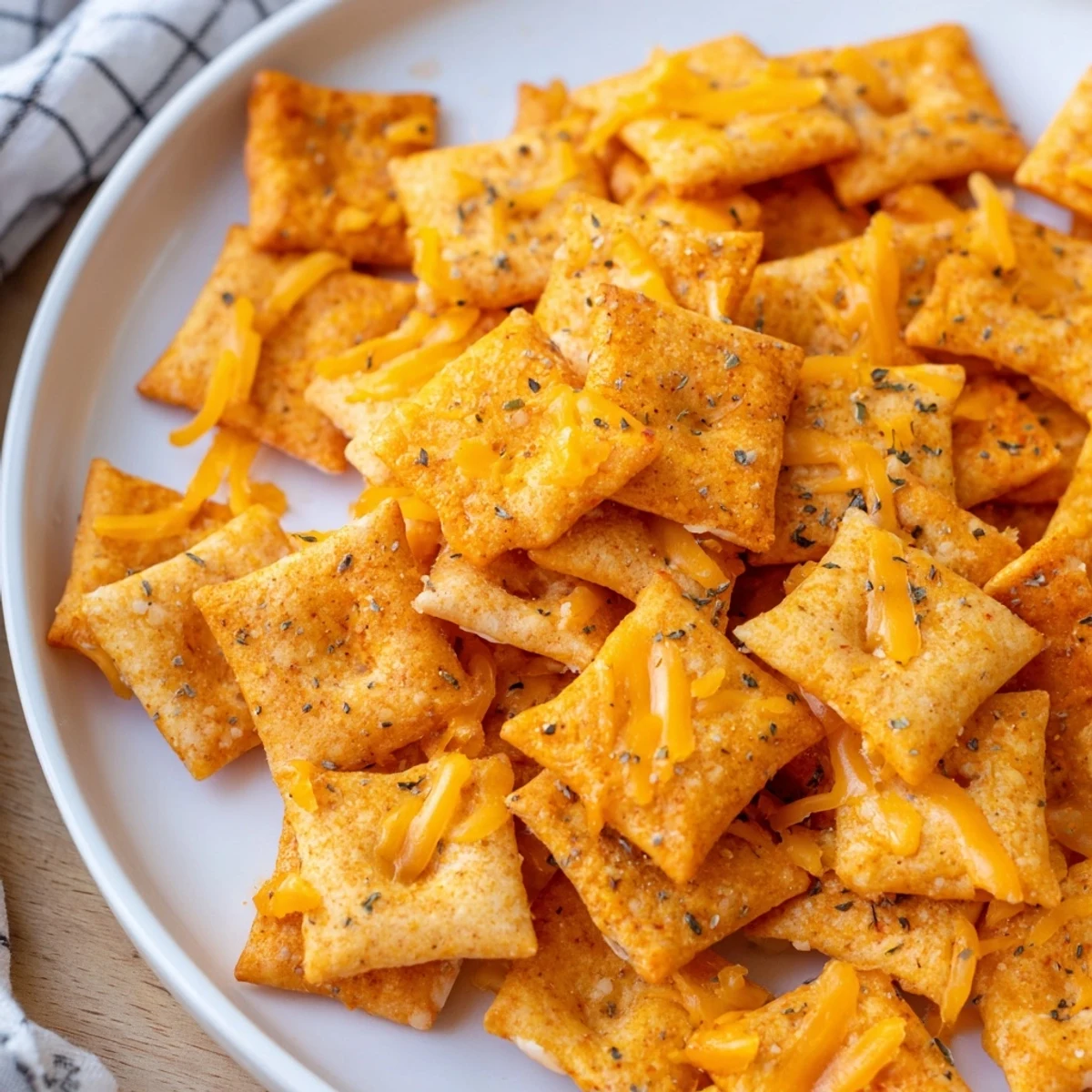 Golden taco crackers sprinkled with melted cheddar and oregano on a parchment-lined baking sheet.