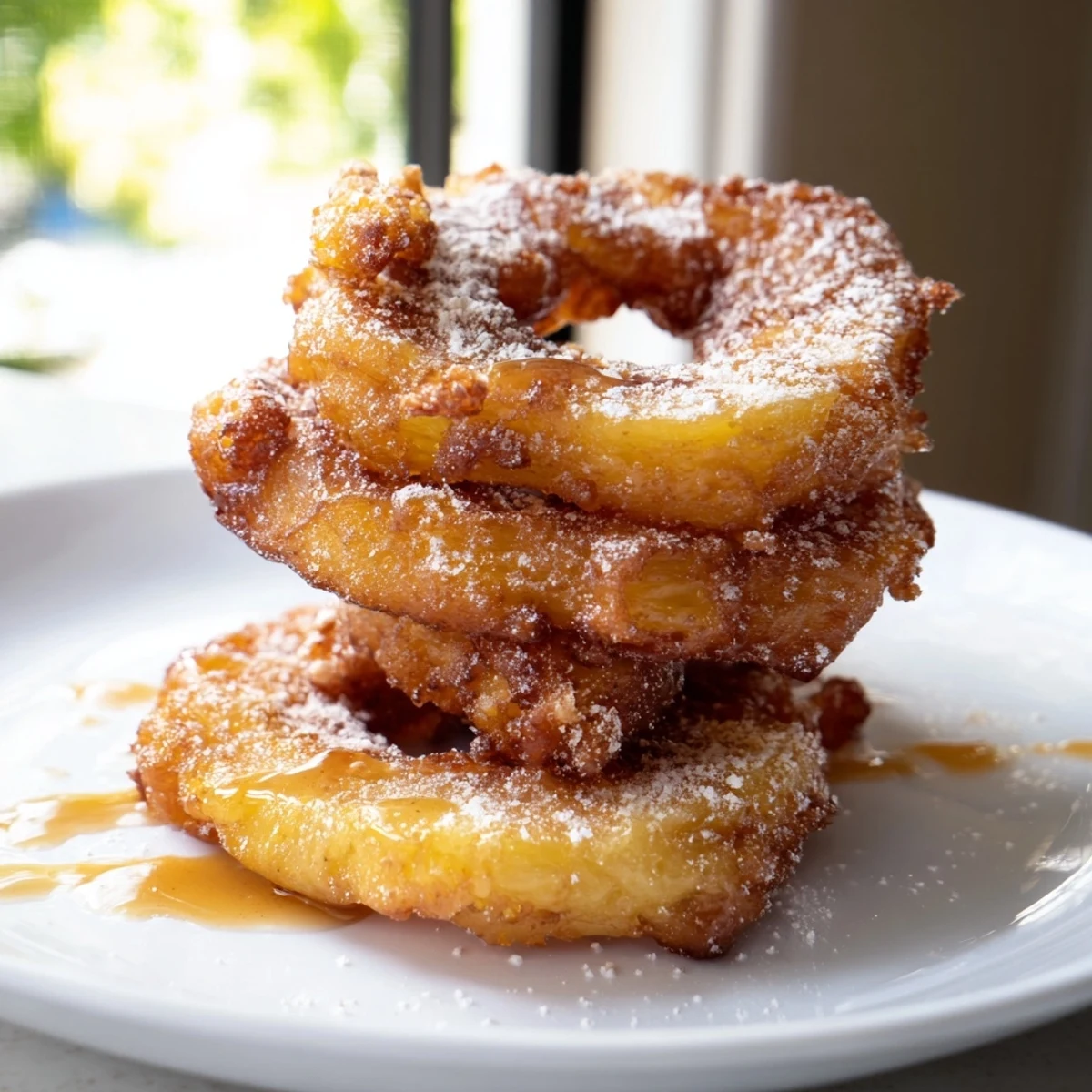 Golden caramelized fried pineapple rings dusted with powdered sugar on a rustic plate