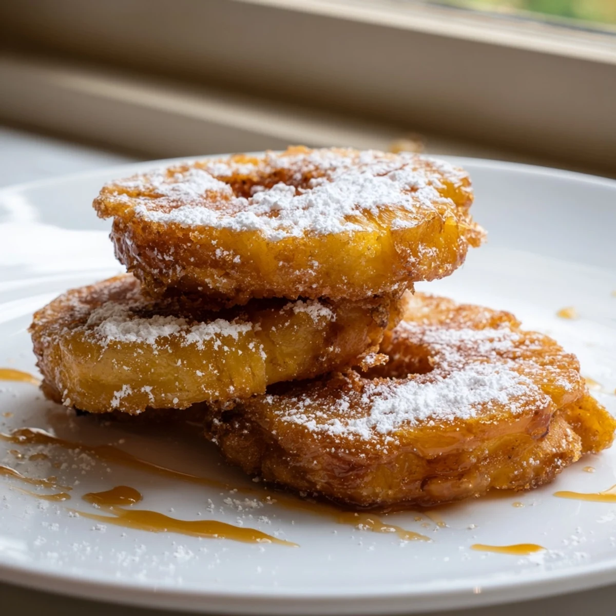 Crispy battered fried pineapple rings drizzled with caramel sauce beside vanilla ice cream