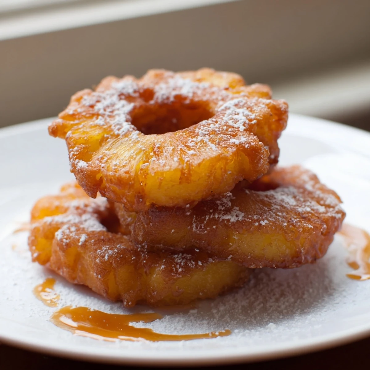 Lightly battered fried pineapple rings with a crunchy golden crust served warm