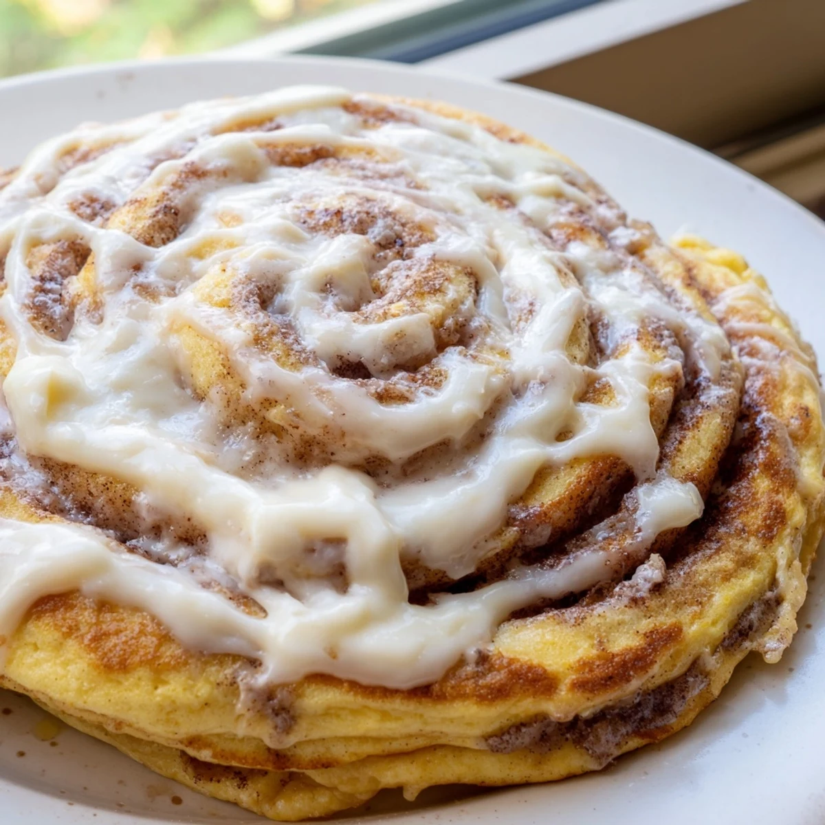 Golden cinnamon roll pancakes stacked high with sweet cream cheese icing drizzled on top