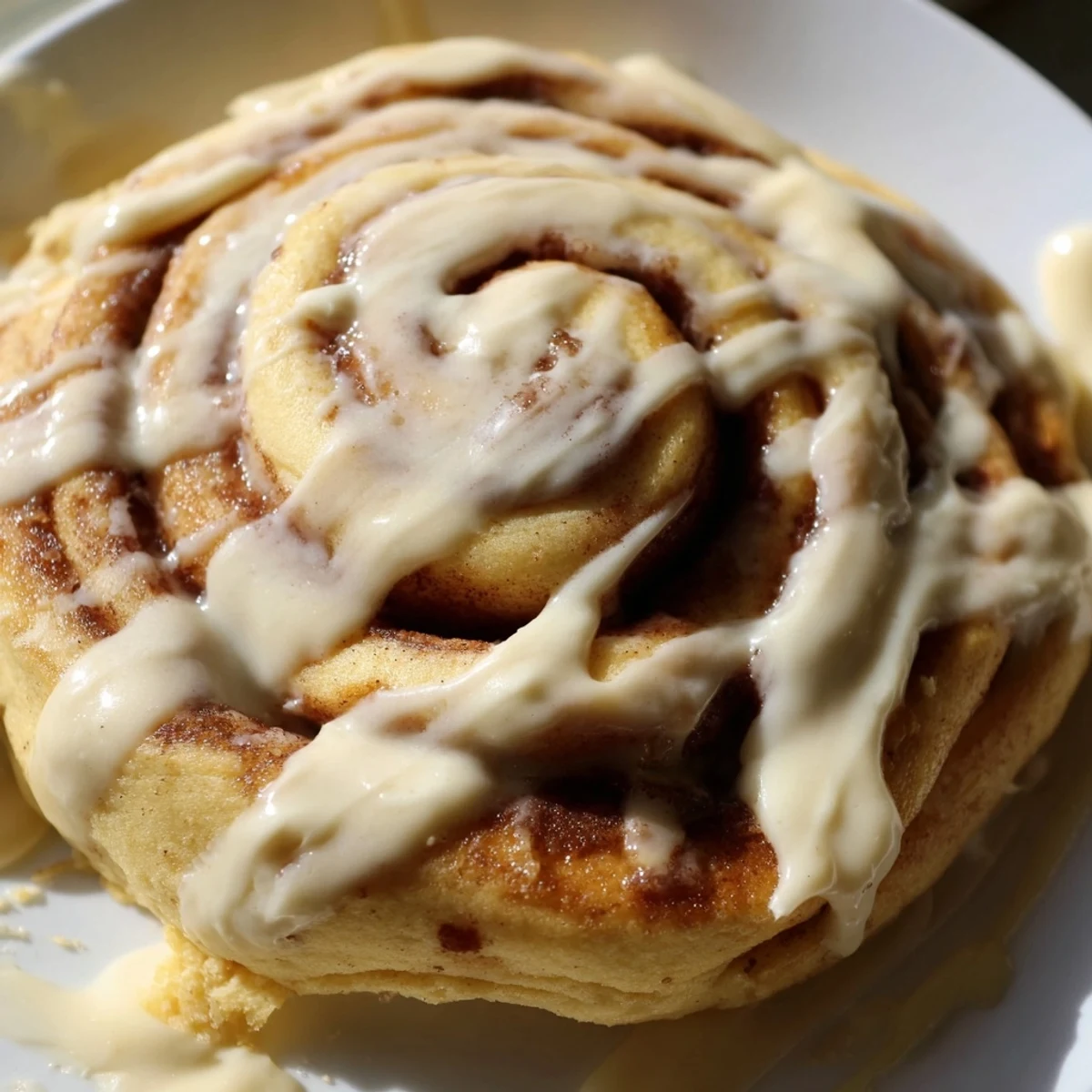A stack of warm cinnamon roll pancakes drizzled with rich cream cheese icing