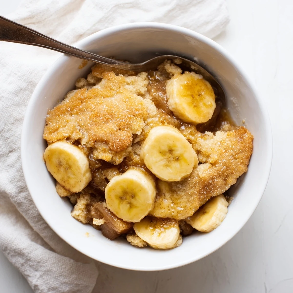 Golden Southern banana cobbler bubbling with cinnamon-spiced fruit under buttery topping