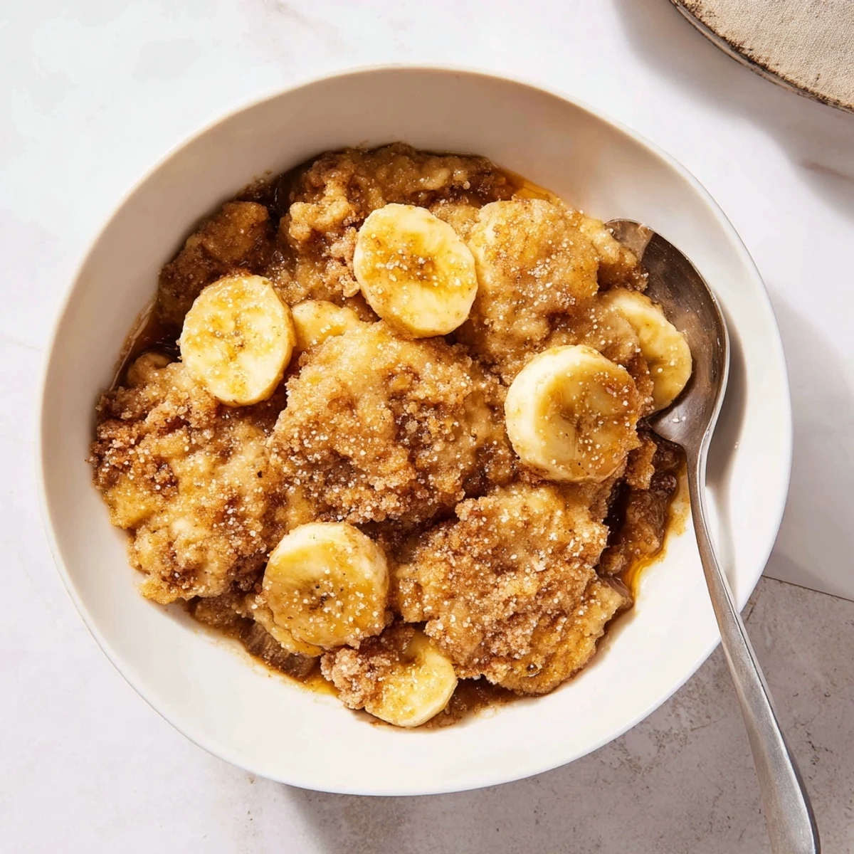 Ripe banana slices nestled beneath a golden crust in Southern banana cobbler