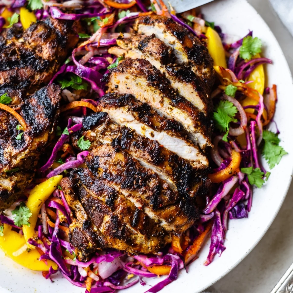Charred spicy jerk chicken slices nestled over bright mango slaw on a plate.