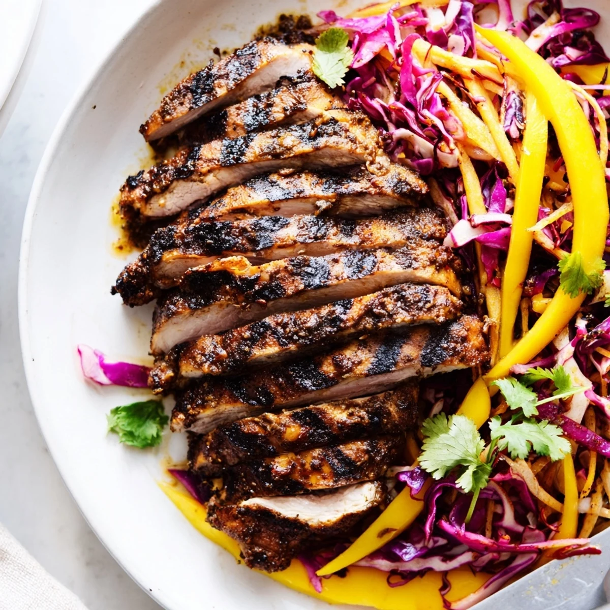 Sliced jerk chicken resting on a bed of sweet mango slaw with cilantro.